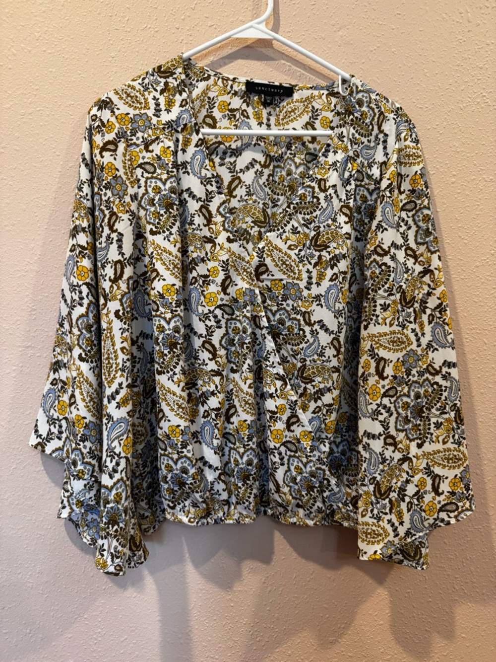 Sanctuary White Paisley Wrap-Style Blouse with Yellow and Blue Accents